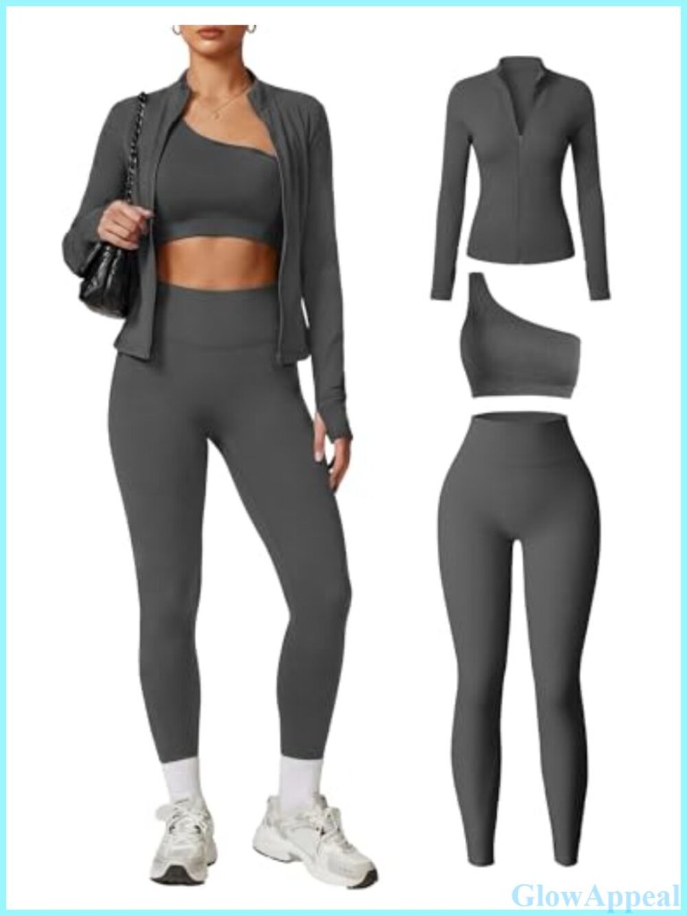 3 Piece Seamless Workout Set Zip Up Jacket Sports Bra Leggings